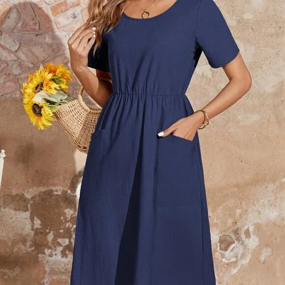 Women's Cotton Linen Midi Dress Casual Short Sleeve Flowly Beach Tunic - Picture 6 of 7